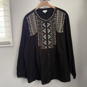 J.Jill 4X Black Aztec Embroidered Tunic Top Button Up‎ Long Sleeve Boho Tribal
